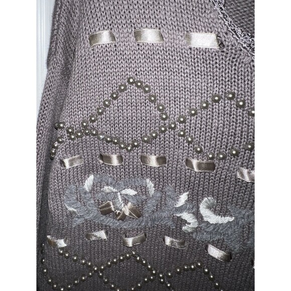 All Points by Reference Points Sweater M Grey Beaded Embroidered Ribbon Vintage - Picture 4 of 8